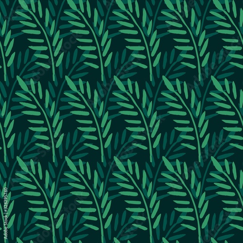 Exotic tropical vector seamless pattern. Leaves of palm trees, leaves in the jungle. Hand drawn. For design, wrapping paper, fabric, textile, carpets, clothes, wallpaper, trendy background. © Antonina