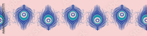 Peacock feather banner. Seamless vector pattern design background border.