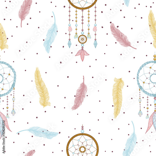 Vector hand drawn seamless pattern with dream catcher and feathers. Tribal background with hand drawn boho style elements feathers and dreamcatchers. Best for wrapping, textile or print design