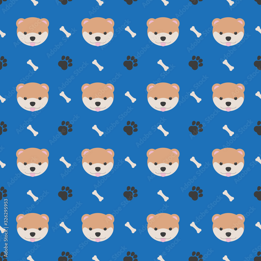 seamless pattern with dog face, footprint and bone on a blue background seamless pattern with dog face, footprint and bone on a blue background