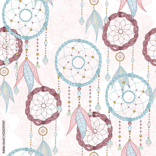 Vector hand drawn seamless pattern with dream catcher and feathers. Tribal background with hand drawn boho style elements feathers and dreamcatchers. Best for wrapping, textile or print design