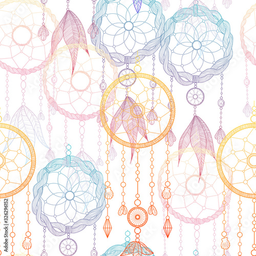 Hand drawn illustration with indian dreamcatchers and feathers. Seamless pattern. Vector illustration. Ethnic design, boho chic, tribal symbol. Good fabric, textile, wallpaper