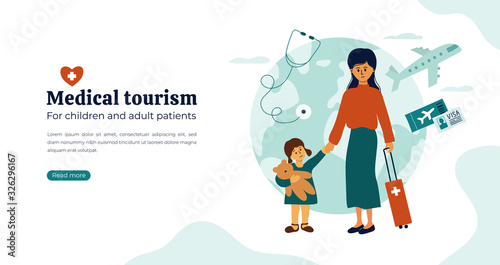 Organization of medical tourism and treatment all over the world for children and adult patients. Mother and daughter waiting for departure to hospital abroad. Vector illustration for flyer, web page.
