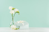 Festive background with opened square gift box and fresh white freesia flowers in elegant transparent vase on green mint menthe wall, white wood table.