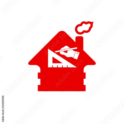 Architectural bureau, house design vector icon. Red home sign with smoking chimney.