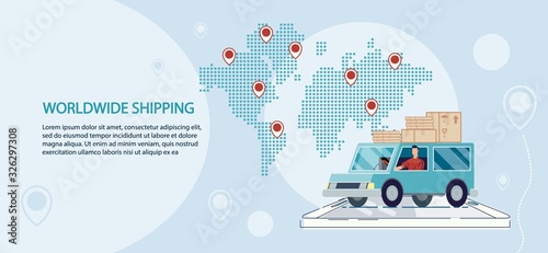 Worldwide Lorry Truck Shipping and Logistics Service Advertisement. Van Vehicle Loaded with Cardboard Parcels, World Map with Location Destination Marks. Cargo Transportation, Freight Shipment