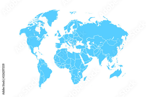Blue world map globe on white background Asia, Australia, Europe, Africa, North America, South America 