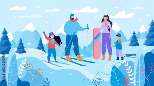 Happy Family Skiing, Snowboarding, Sledding Together on Mountain Resort. Active Parents with Children Rest during Winter Travel on New Year Christmas Holidays Vacation. Vector Illustration