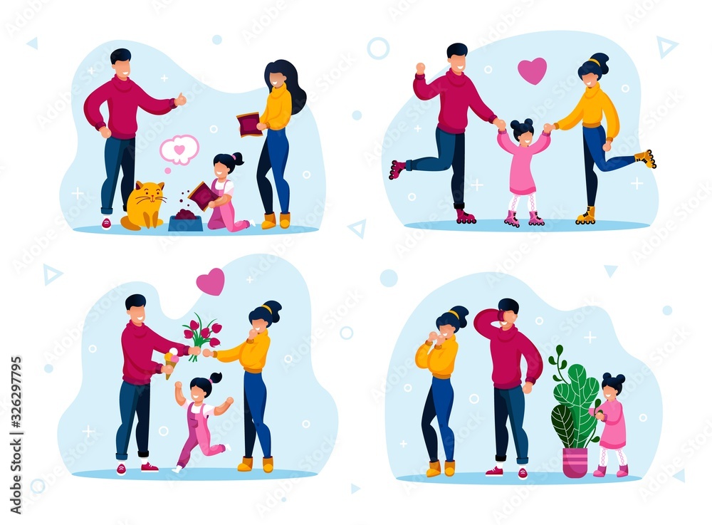 Fototapeta premium Family Recreation Activities, Happy Childhood Trendy Flat Vector Concepts Set. Parents with Children Roller-Skating, Spending Time Together, Feeding Cat, Playing in Hide-and-Seek Isolated Illustration