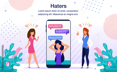 Social Network Haters Bulling, Blogger Audience Negative Reaction, Reputation Attack Banner, Poster. Woman Worried, Stressed Because of Bad Relations with Colleagues Trendy Flat Vector Illustration