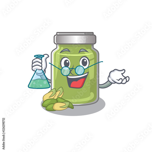 Cool pistachio butter Professor cartoon character with glass tube