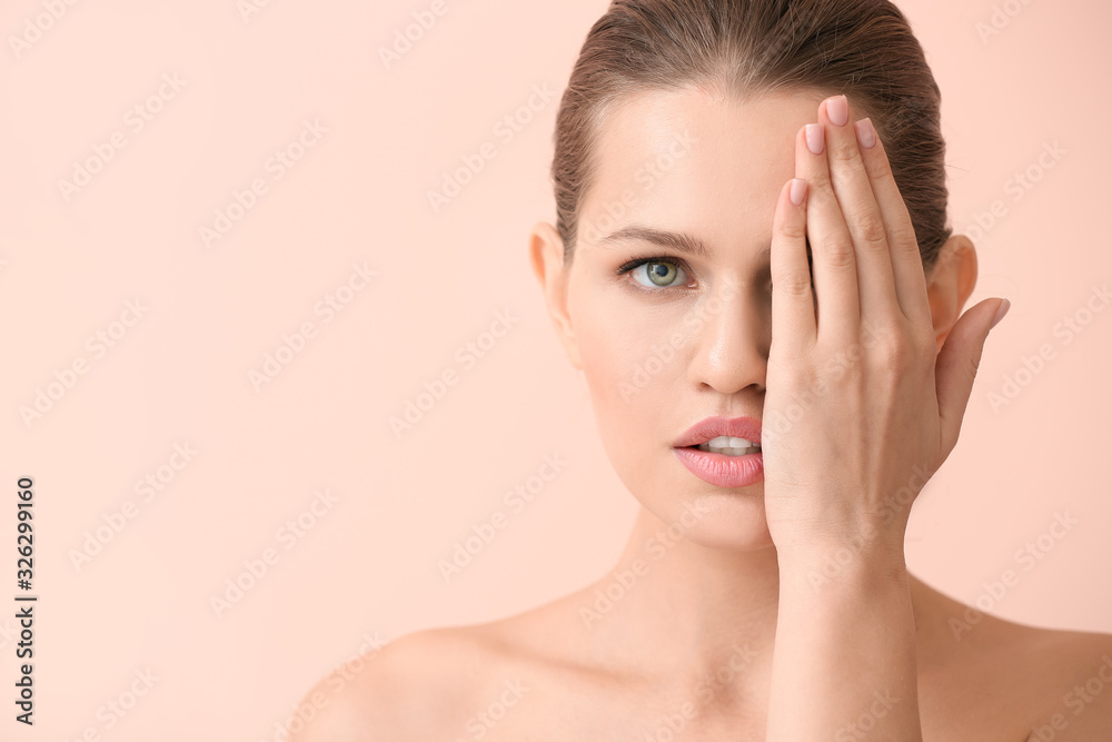 Beautiful young woman on color background. Concept of plastic surgery Beautiful young woman on color background. Concept of plastic surgery