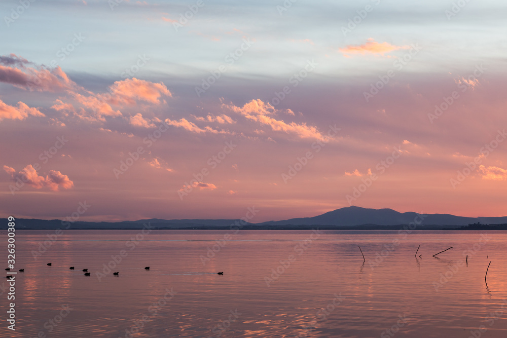 Sunset a Trasimeno lake (Umbria, Italy), with fishing net poles and branches