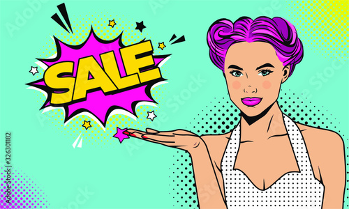 illustration woman retro style vector with sale text