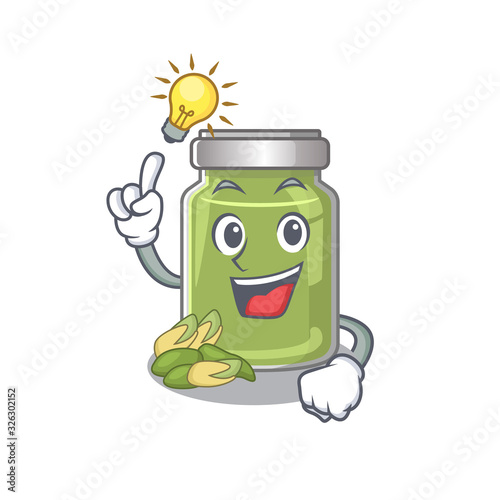 a clever pistachio butter cartoon character style have an idea gesture
