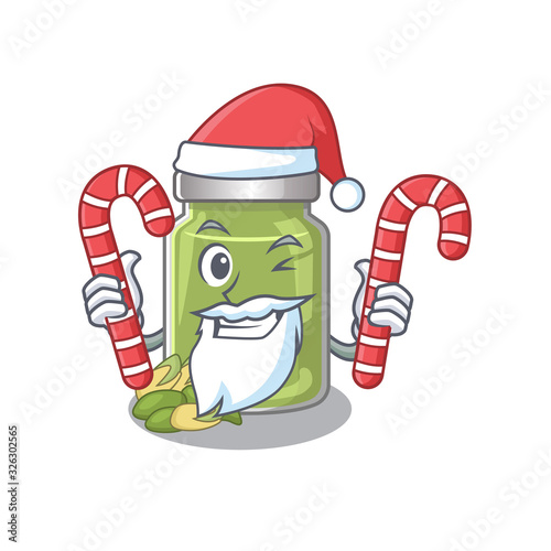 Pistachio butter Cartoon character wearing Santa costume bringing a candy