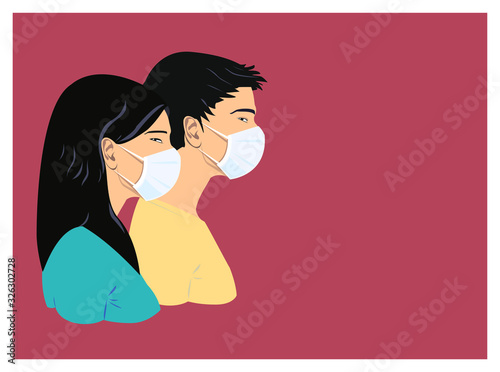 Chinese woman and Man with medical mask, concept of epidemic, infectious Wuhan coronavirus, SARS-CoV-2 (2019-nCoV). Flat vector illustration on global prevention outbreak spread virus covid-19