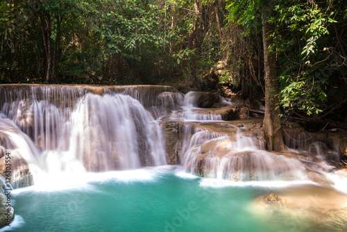 Fototapeta Naklejka Na Ścianę i Meble -  Beauty in nature, Huay Mae Khamin waterfall in tropical forest of national park, Kanchanaburi, Thailand