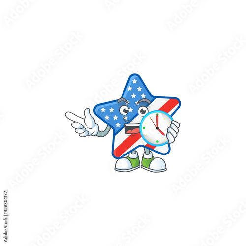 USA star cartoon character style with a clock