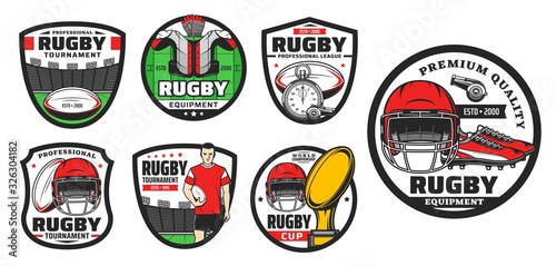 Rugby football sport game vector icons. Player, balls and play field, champion trophy cup, stadium and helmets, boots and jersey, referee whistles and stopwatch. Rugby sport symbols