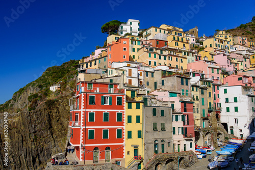 Riomaggiore, one of the five Mediterranean villages in Cinque Terre, Italy, famous for its colorful houses