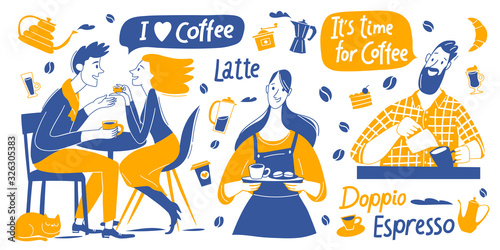 Coffee motivational vector design with barista and coffee elements and lettering