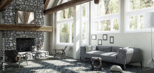 Fototapeta Naklejka Na Ścianę i Meble -  Country House Interior Design - panoramic 3d visualization