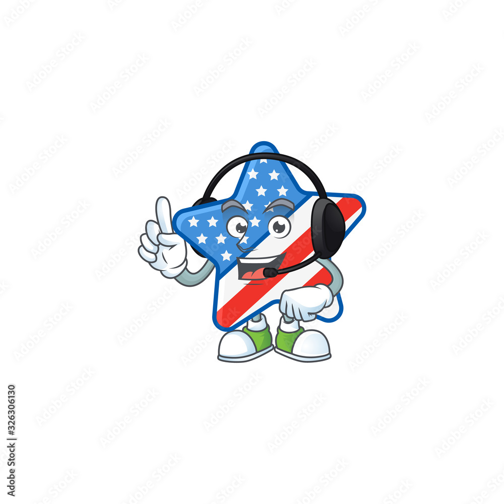 Obraz premium Sweet USA star cartoon character design speaking on a headphone