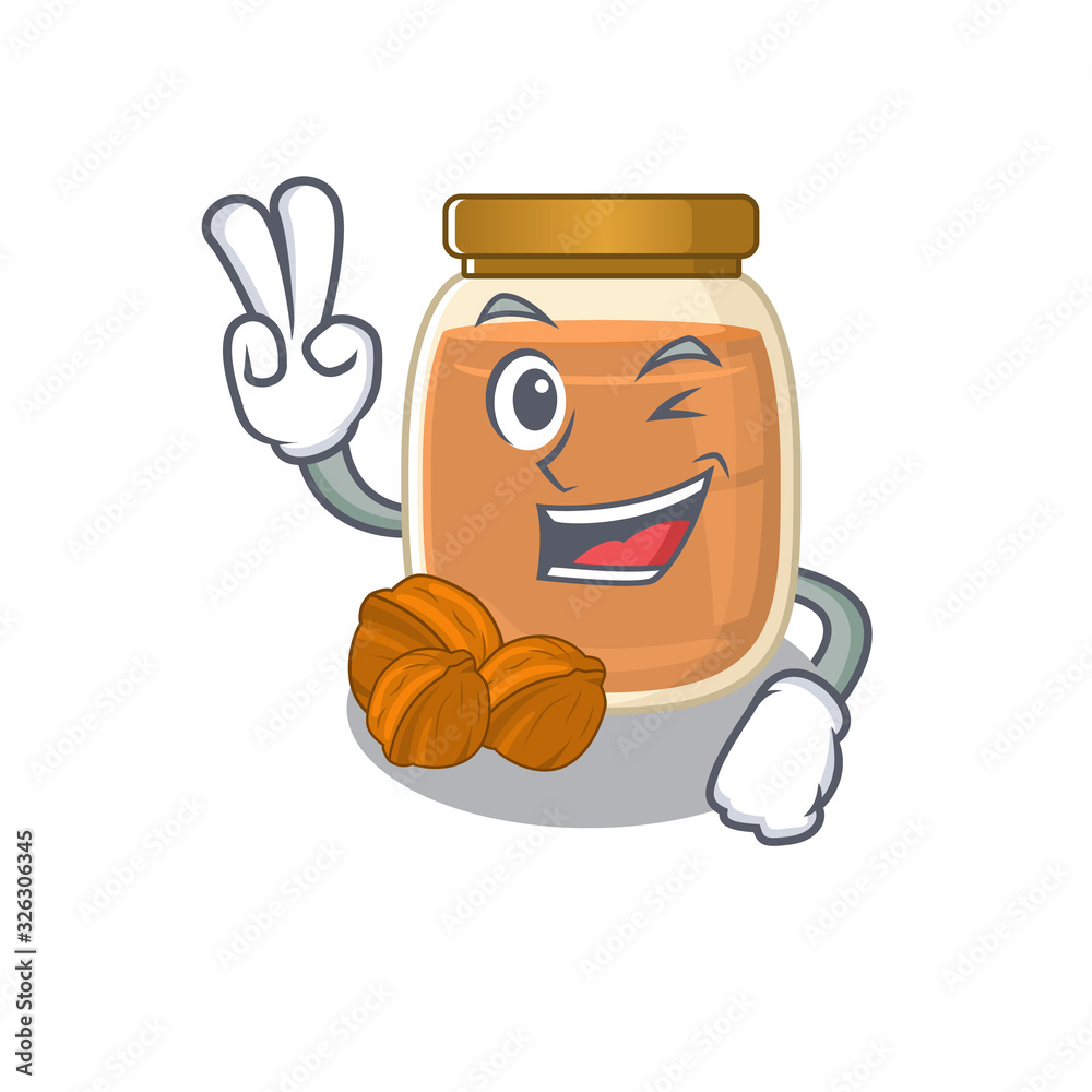 mascot of funny walnut butter cartoon Character with two fingers