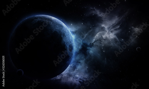 abstract space illustration, 3d image, blue moon planet, stars and nebula