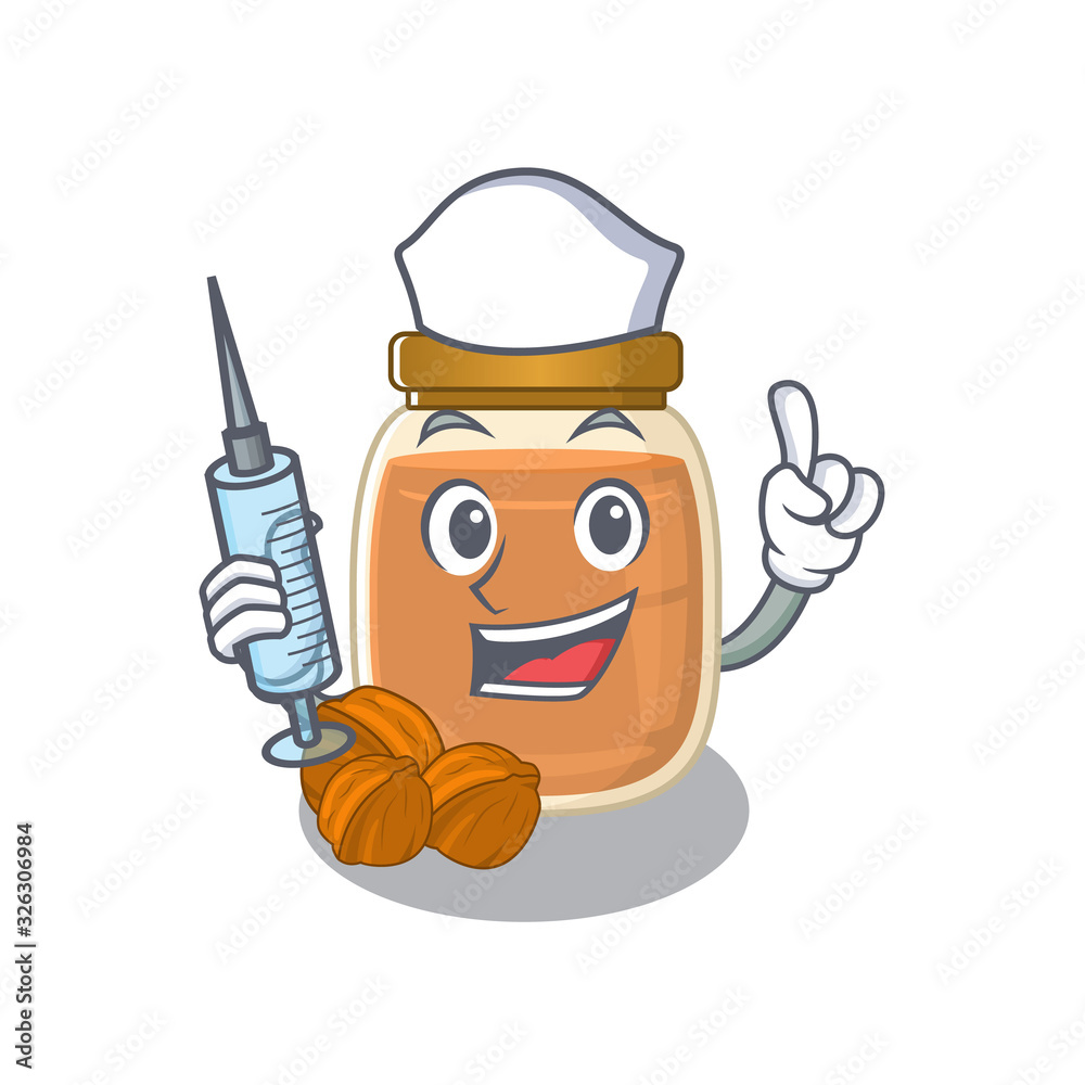 A Walnut butter hospitable Nurse character with a syringe