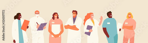Group of friendly medical workers. Doctors, orderlies, nurses vector characters