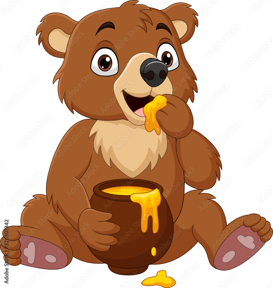 Cartoon baby bear sitting and eating honey from the pot Stock Vector