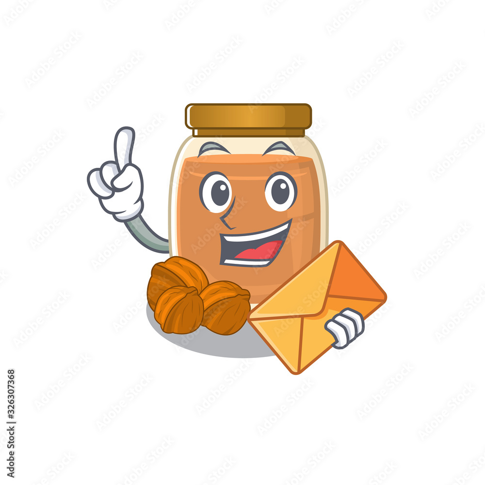 Happy face walnut butter mascot design with envelope