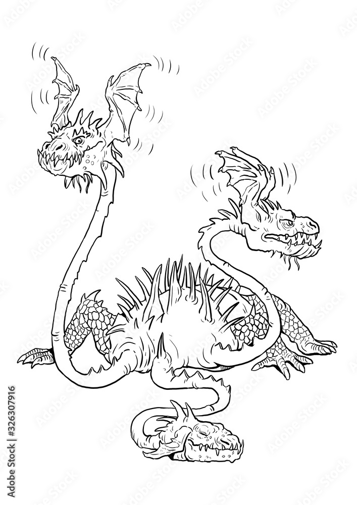 Three headed dragon coloring page. Outline illustration. Dragon drawing