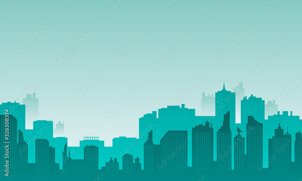 Fototapeta premium A city silhouette with lots of buildings and a foggy morning sky