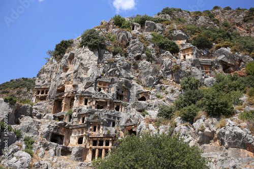 An impressive historical place in Turkey  the province of Antalya  the city of Demre. Ancient burial places  and defensive caves in the rock.