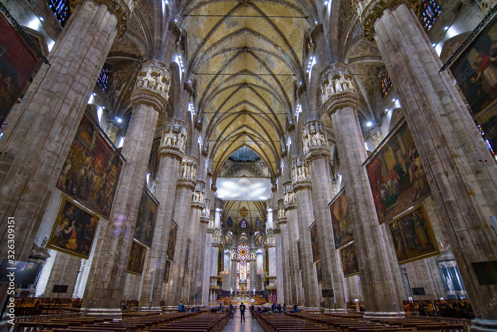 Interior of Milan Cathedral (Duomo di Milano), the cathedral church of Milan, Italy. It's the fourth largest church in the world.