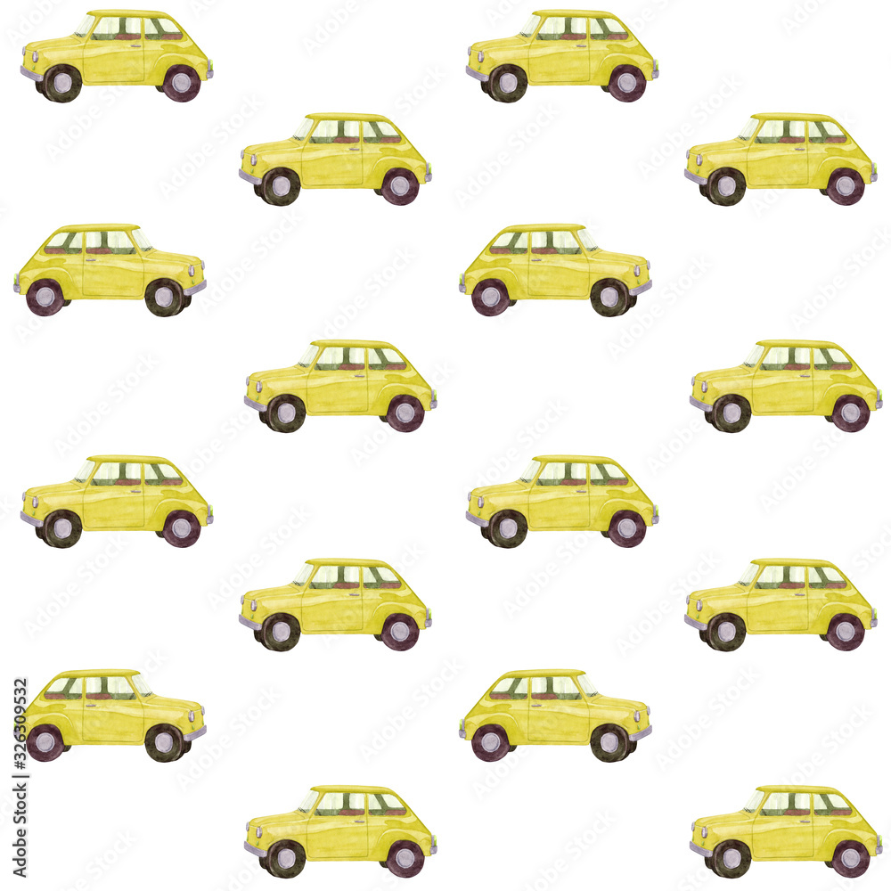 Watercolor hand drawn seamless pattern with retro yellow car isolated on white background. Good for fabric, wallpaper, wrapping paper, design etc.