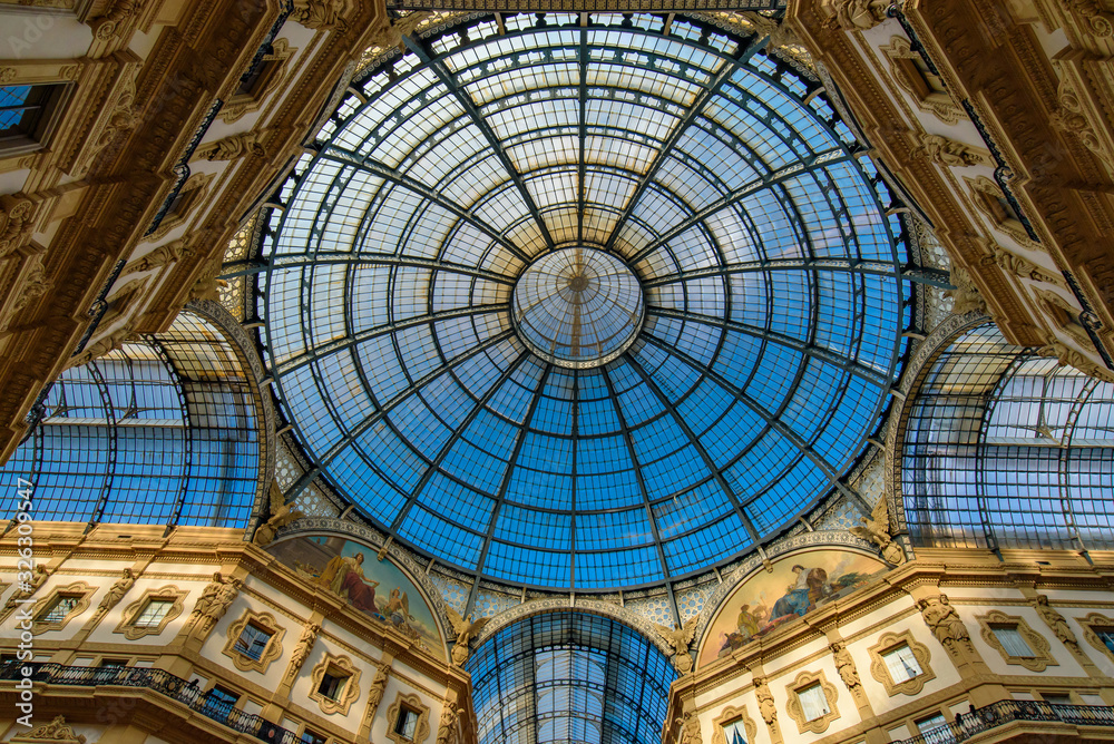 Glass dome of Galleria Vittorio Emanuele II in Milan, Italy's oldest shopping mall