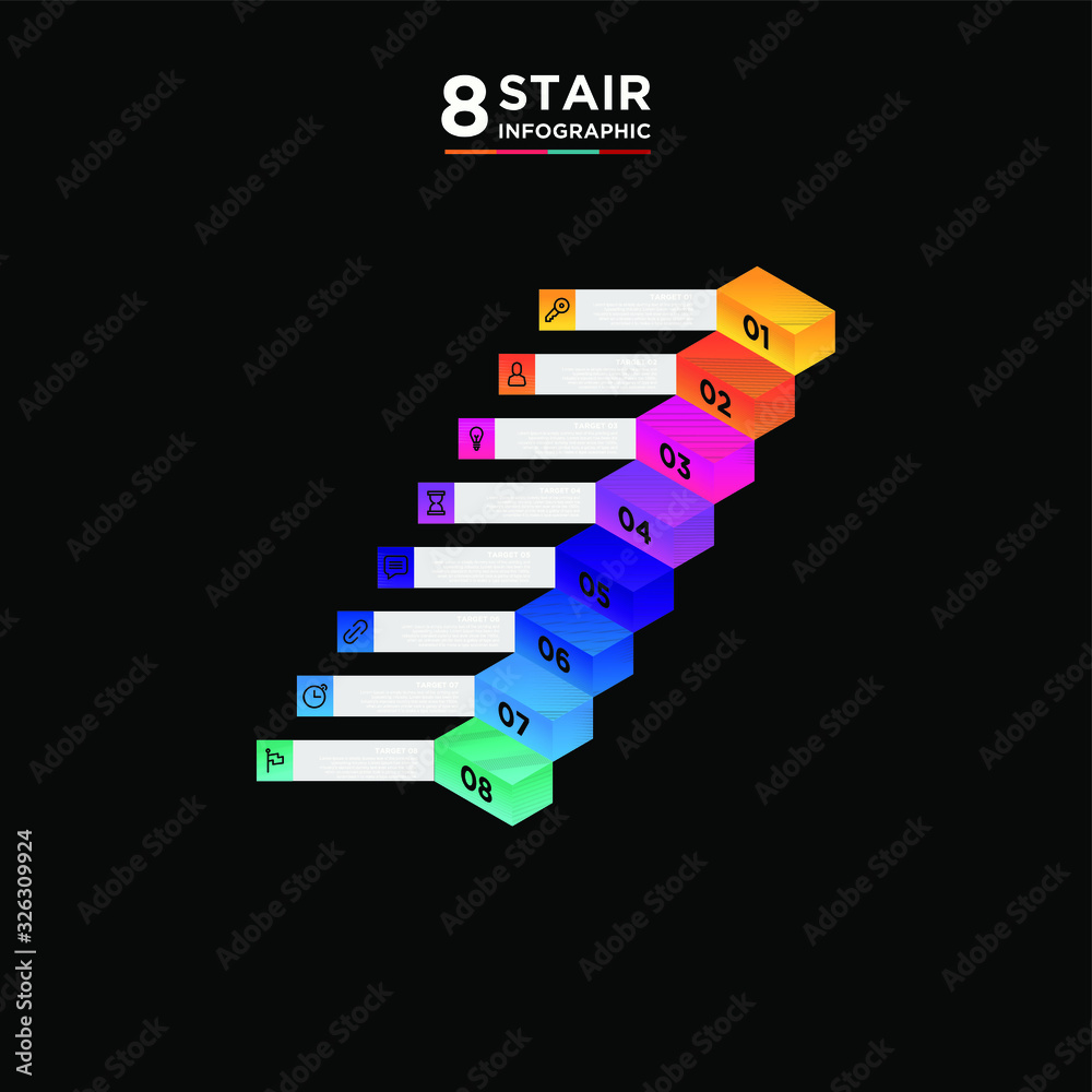 8 stair step timeline infographic element. Business concept with eight
