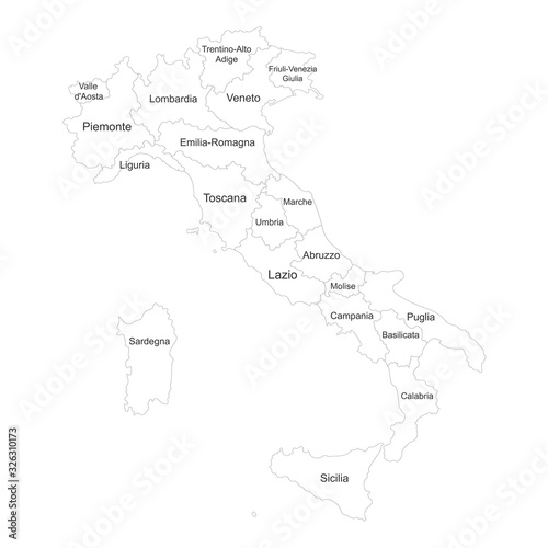 Italy map with name labels. White background. Perfect for business concepts, backgrounds, backdrop, poster, sticker, banner, label, chart and wallpaper.