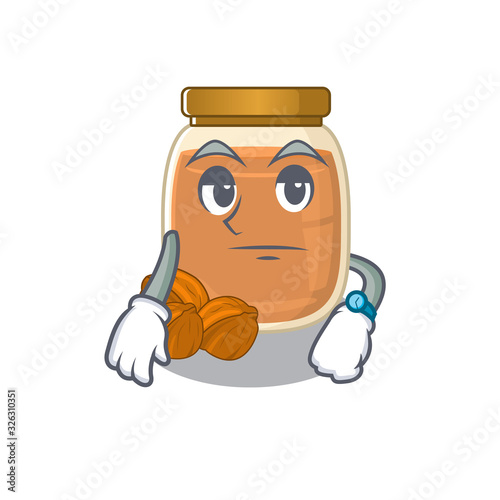 cartoon character design of walnut butter on a waiting gesture