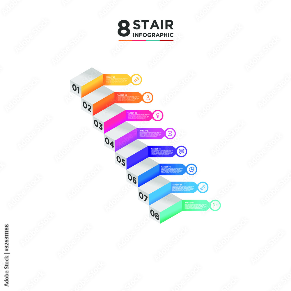 8 stair step timeline infographic element. Business concept with eight options and number, steps or processes. data visualization. Vector illustration.
