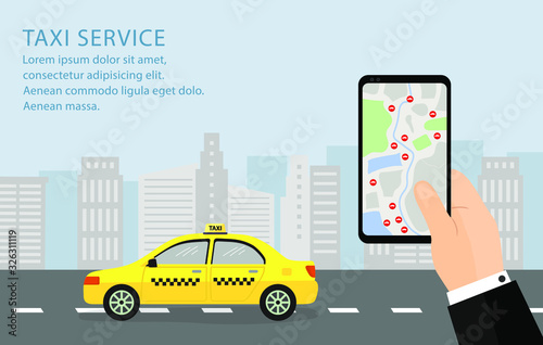City Taxi Mobile Service of Urban cityscape with taxi cab and smartphone taxi service application.