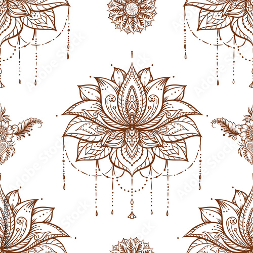 Seamless pattern with ornate Lotus flower. Ayurveda symbol of harmony and balance and universe. Tattoo design, yoga logo. Boho print, poster, t-shirt textile. Isolated outline vector illustration.