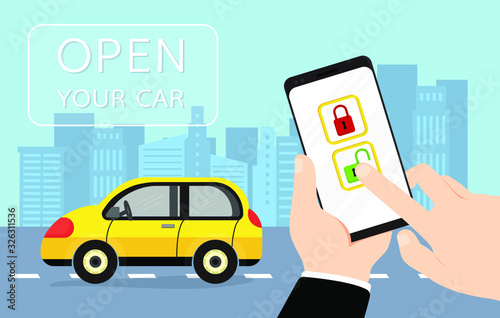 Car door lock and unlock by smartphone with city skyscrapers background.