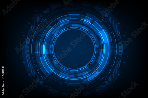 Blue light circle center cyberspace on dark background HUD. photo