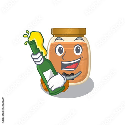 mascot cartoon design of walnut butter with bottle of beer