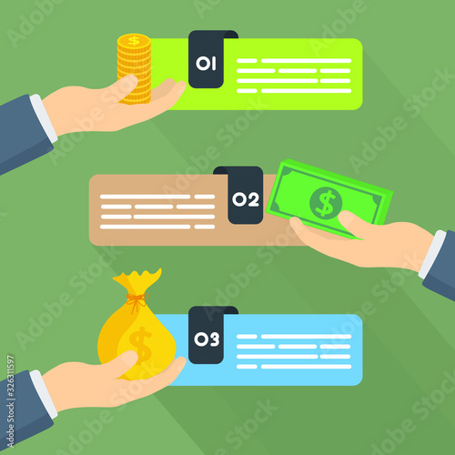 Money infographic design ,Three options infographic banner. Humans progress steps for tutorial.
